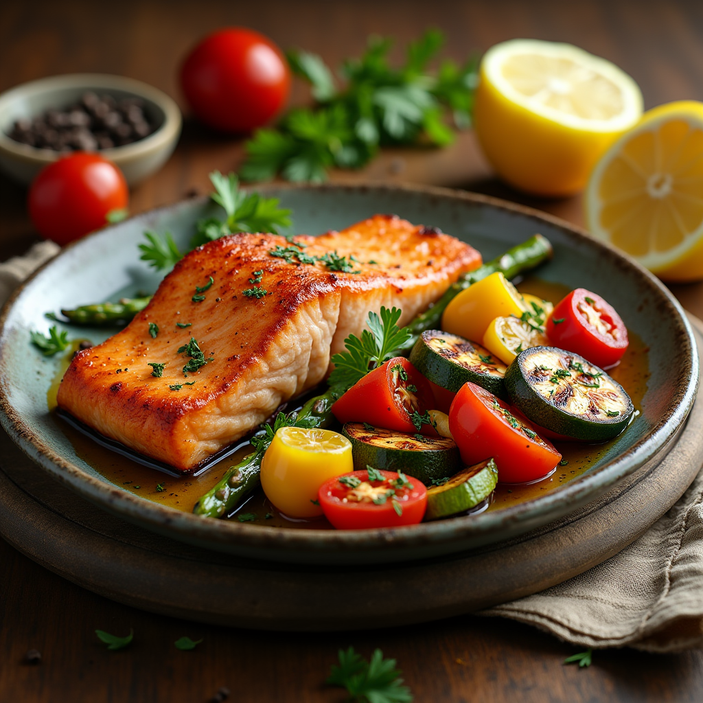  salmon fish with vegetables fried or baked