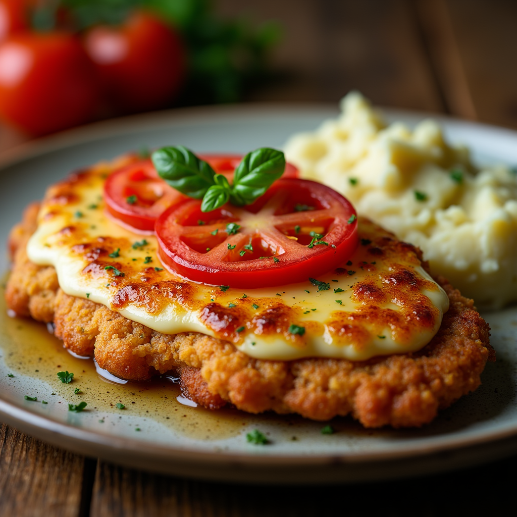 Chicken chop with tomatoes and cheese With mashed potatoes