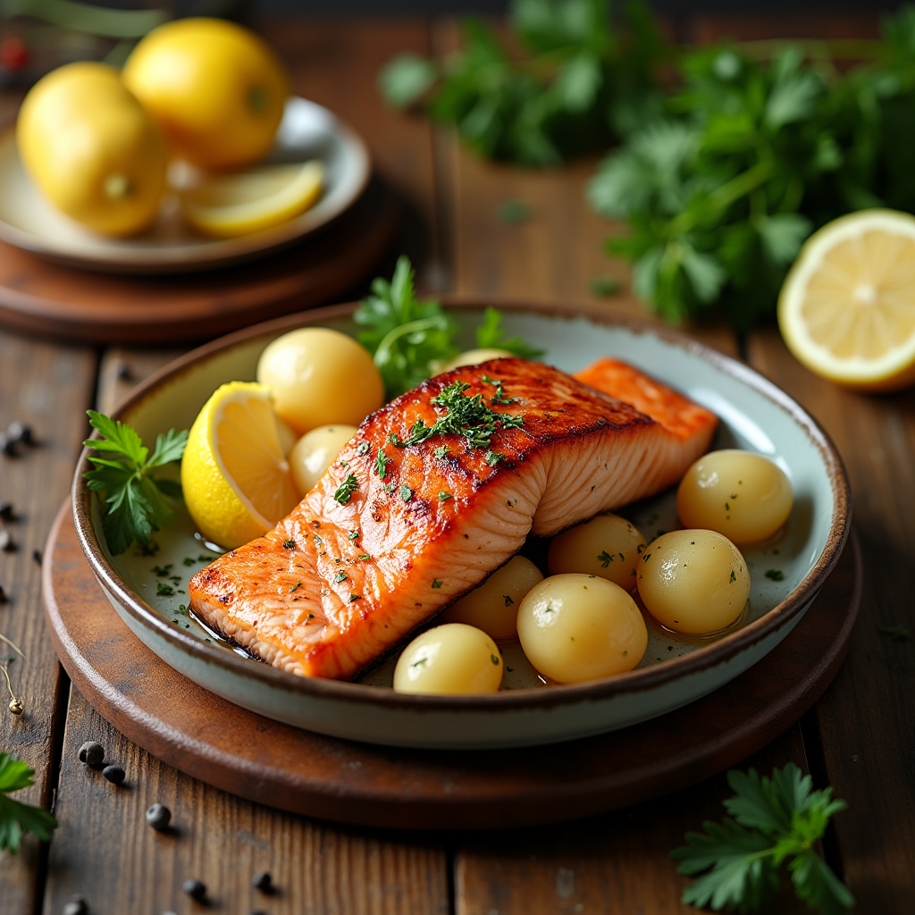 Salmon fish with whole boiled potatoes