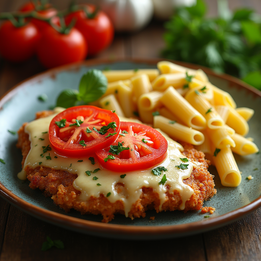Chicken cutlet with tomatoes and cheese with penne