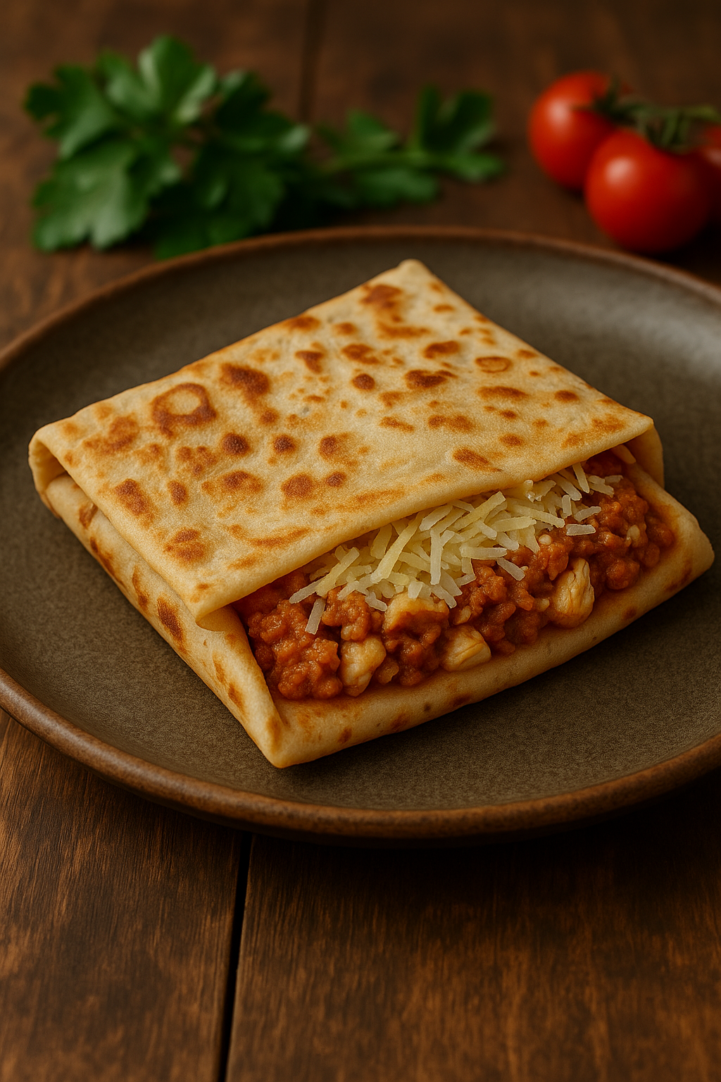 Bolognese pancake with chicken and parmesan