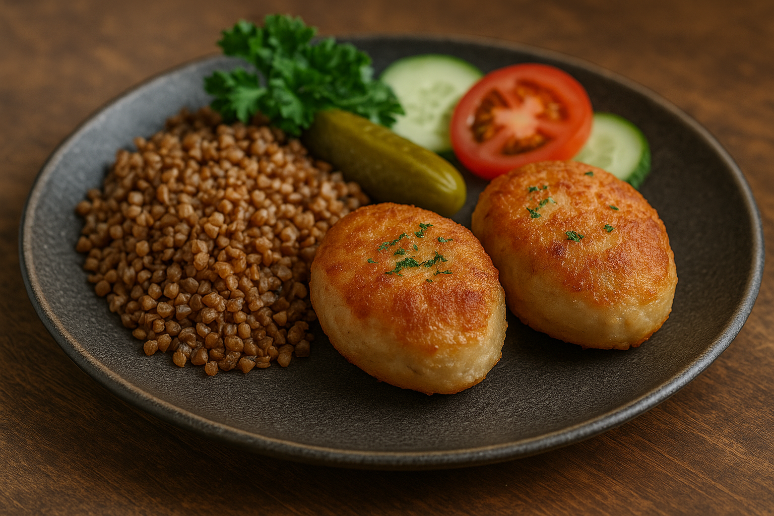 Chicken cutlets with buckwheat, mushrooms, and onions