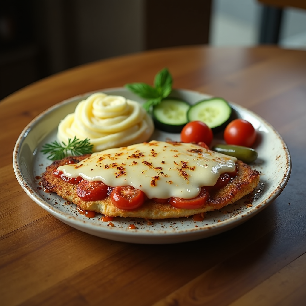 Chicken cutlet with tomatoes and cheese with mashed potatoes