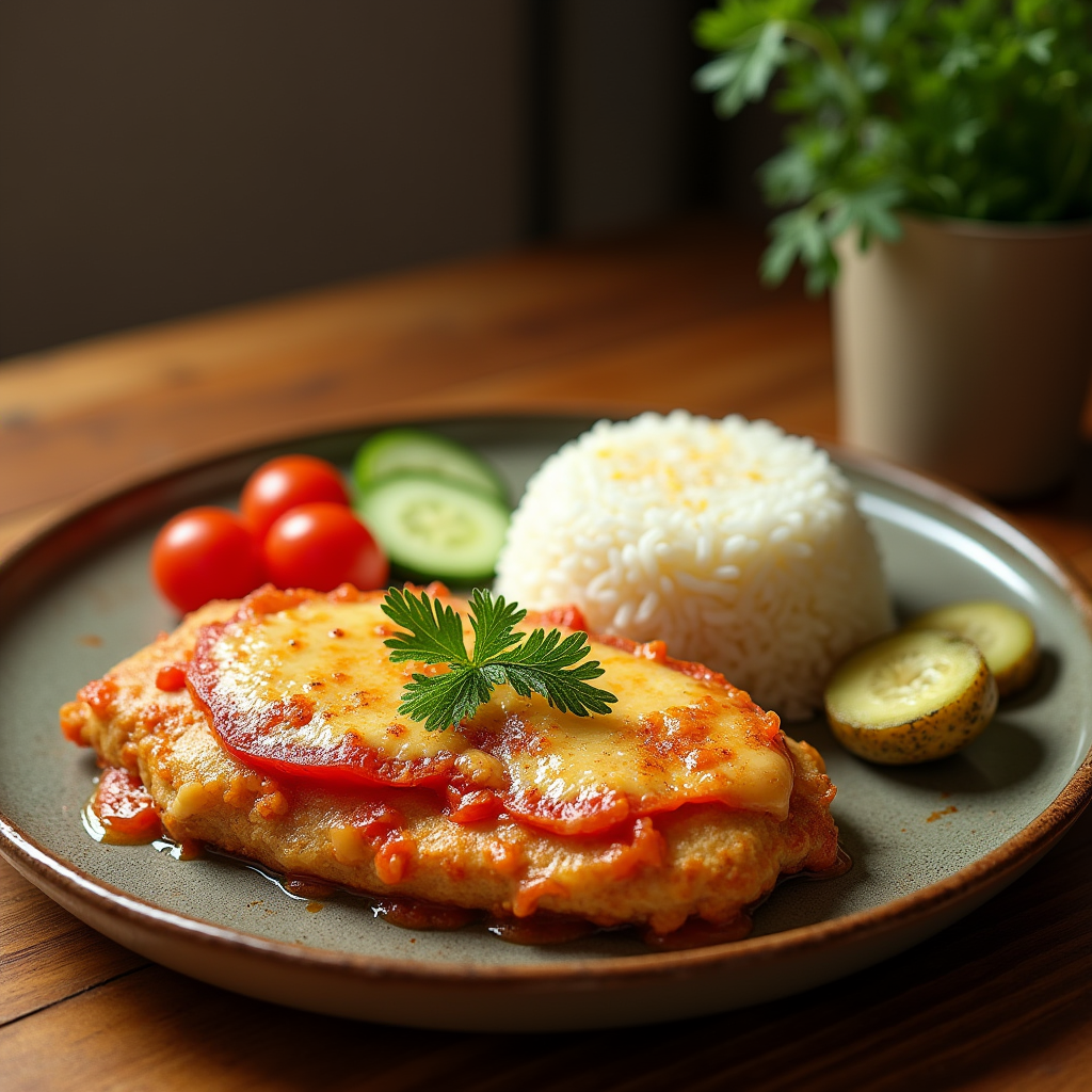 Chicken cutlet with tomatoes and cheese with rice