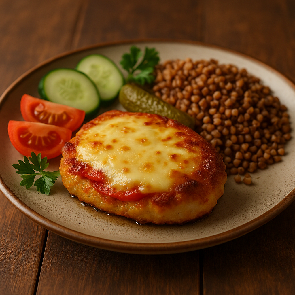 Chicken cutlet with tomatoes and cheese with buckwheat