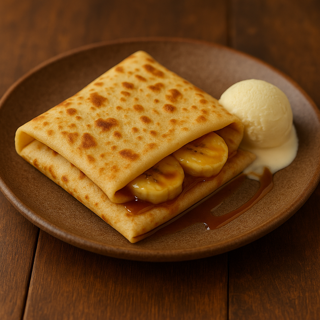Pancakes with banana caramel and vanilla ice cream