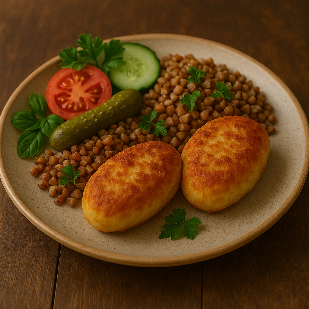 Fish cutlets with buckwheat, mushrooms, and onions