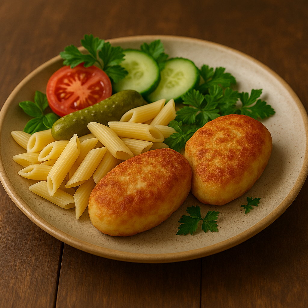 Fish cutlets with penne pasta