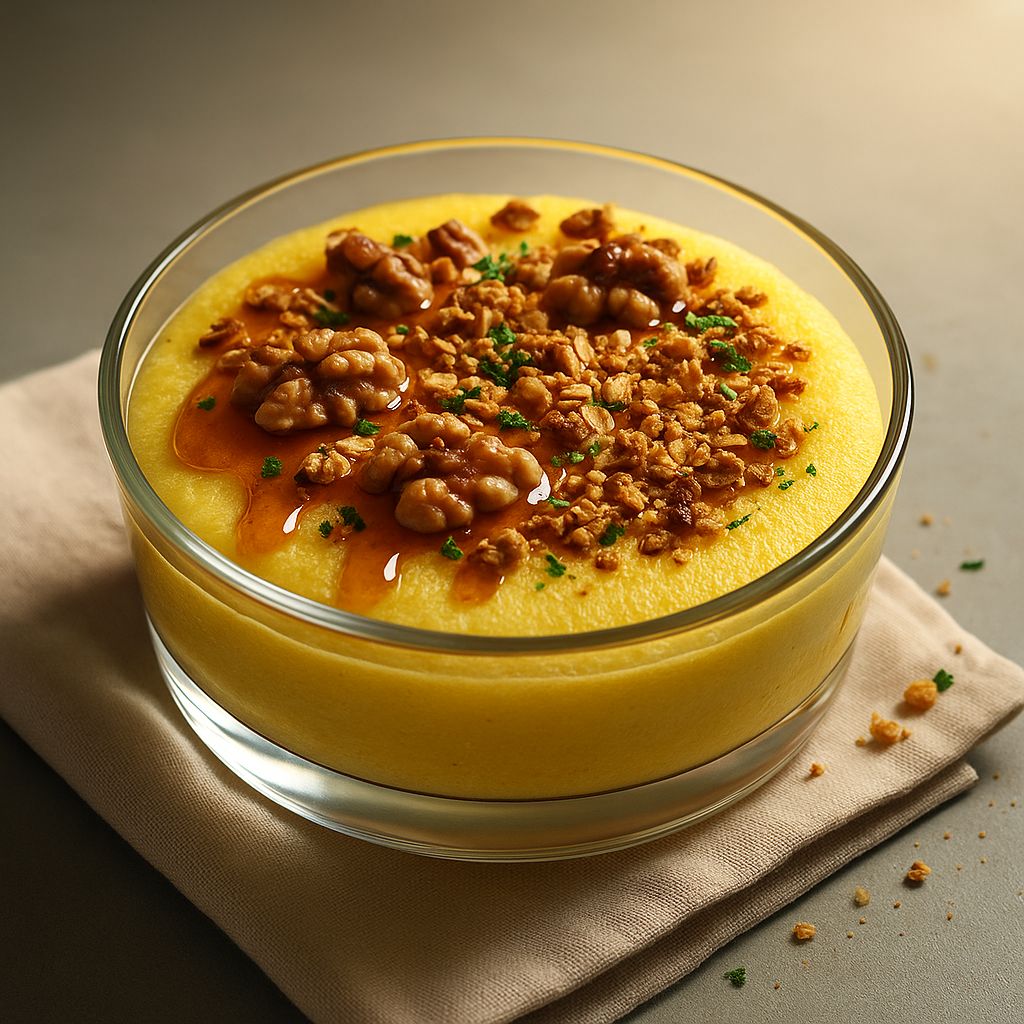 Polenta with honey, walnuts, and granola