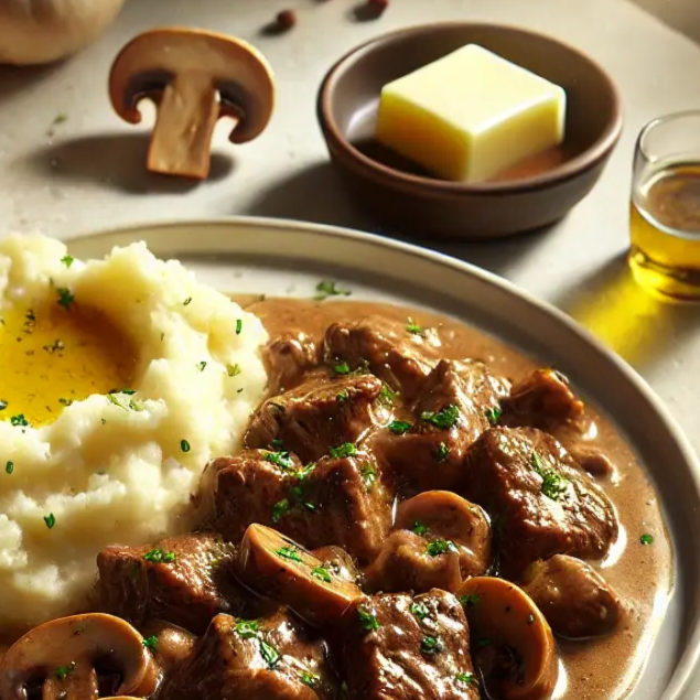 Beef Stroganoff with mashed potatoes