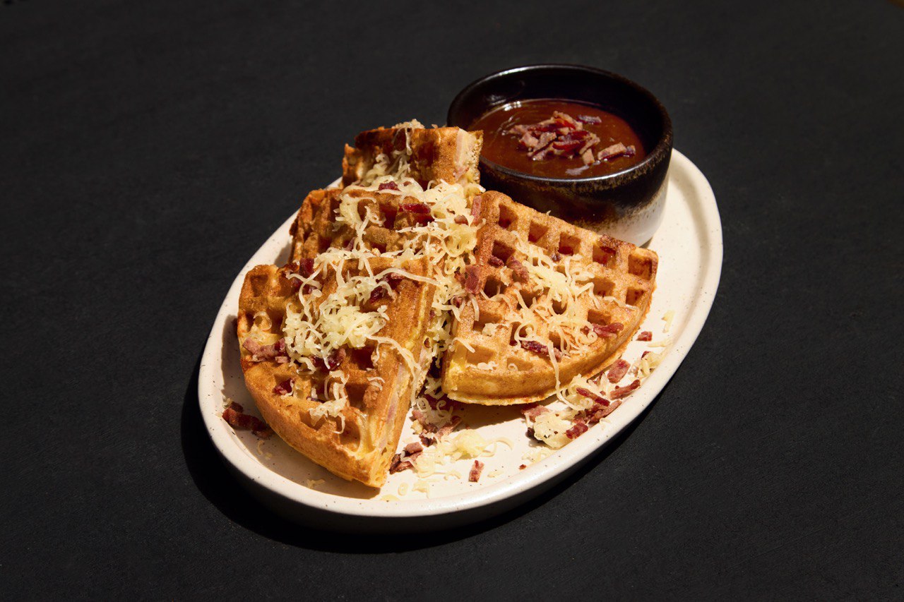 Beef bacon and cheese waffle
