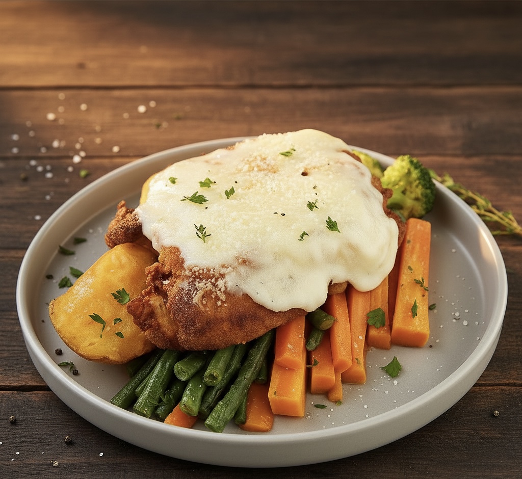 Куриная отбивная с томатами и сыром с картофельным пюре