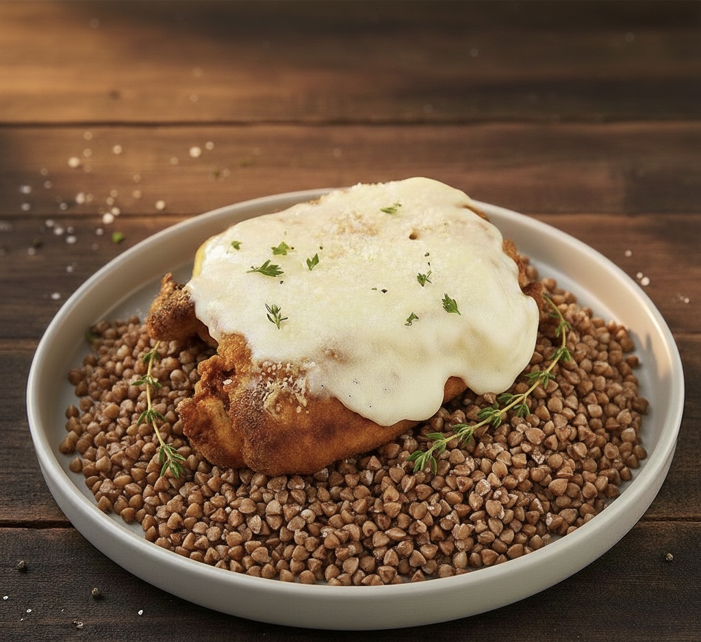 Куриная отбивная с томатами и сыром с гречкой