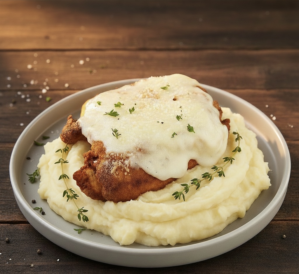 Куриная пармиджана с картофельным пюре