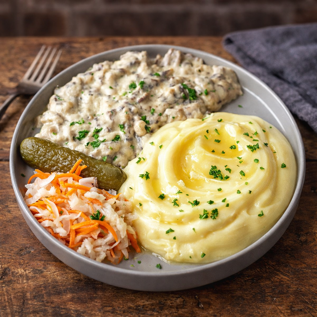 Бефстроганов с картофельным пюре