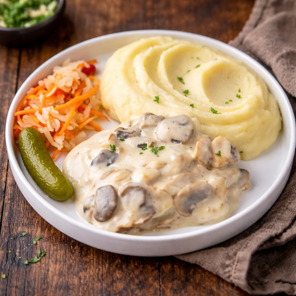 Куриный строганов с картофельным пюре