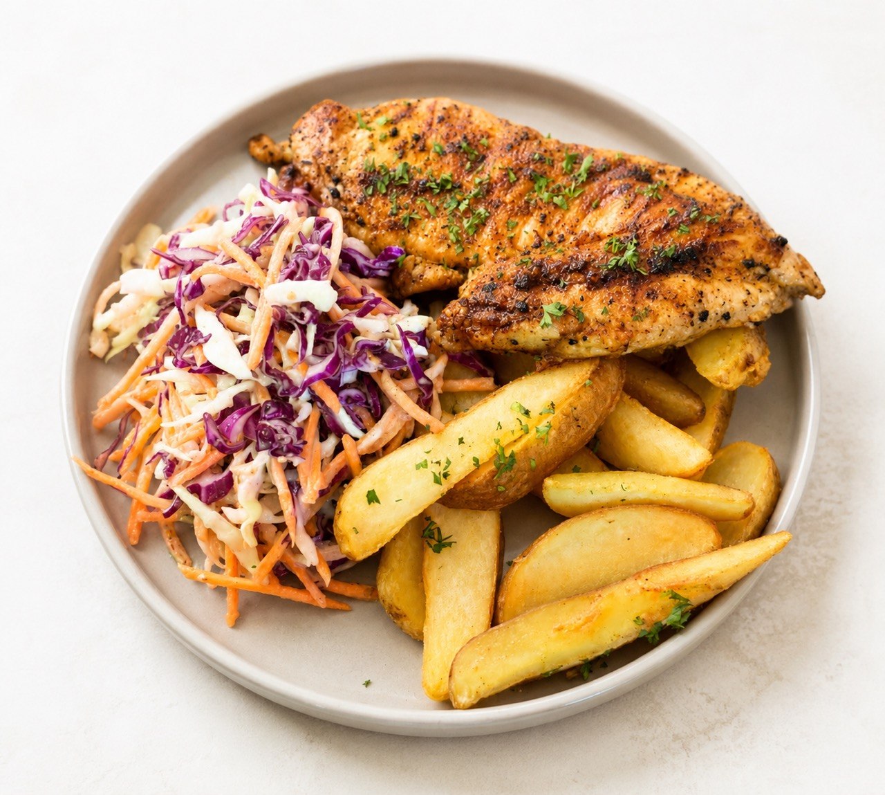 Chicken steak with potato wedges & coleslaw