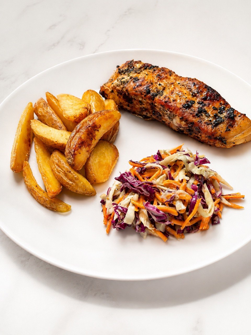 Salmon steak with potato wedges & coleslaw